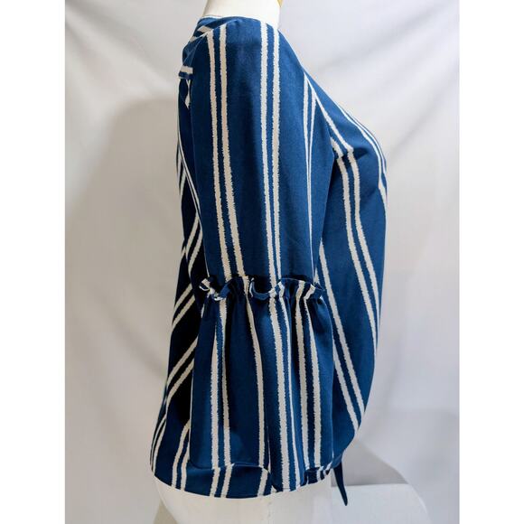 Alfani Blue White Vertical Stripe Tie Front Blouse Medium - Picture 6 of 9